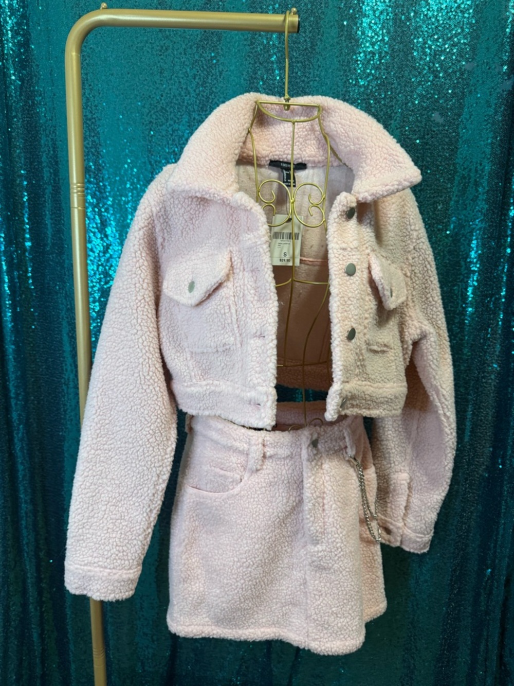 Forever 21 Pink Sherpa Jacket and Skirt Set